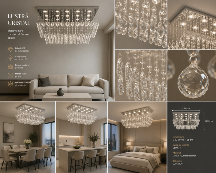 Candelabru LED cu cristale, 90×60×4800 mm, 20W, 4000K, 6060/15