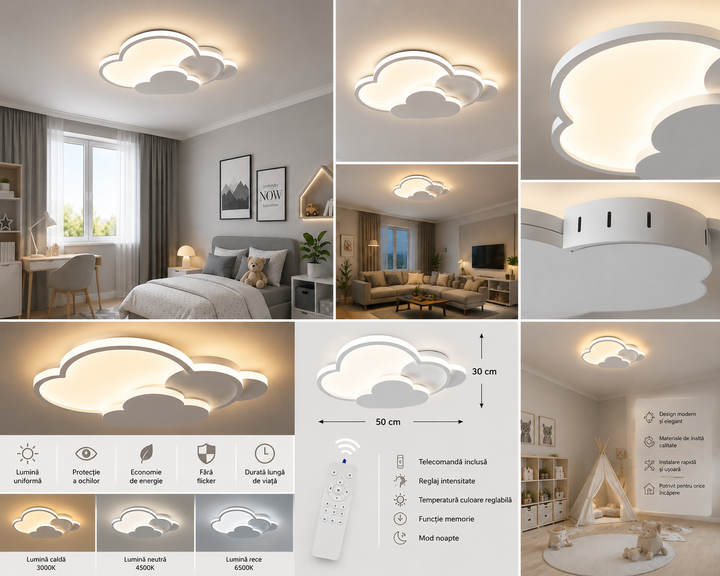 Lustra LED cu telecomanda 2x43W, lumină reglabilă 3000K–6500K, 500×350×80 mm, finisaj alb modern