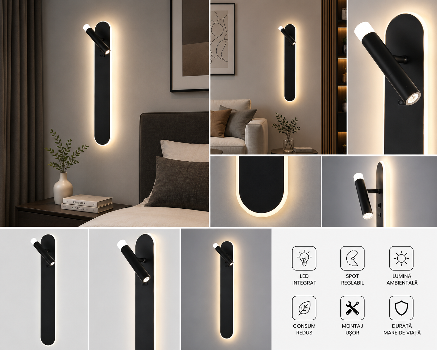 Aplică LED Modernă cu Lumină Ambientală și Spot Reglabil –  77177/500 BK