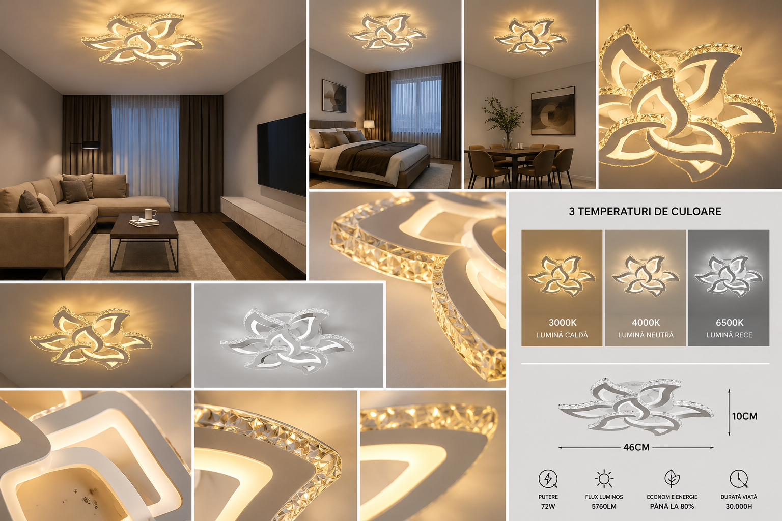 Lustra LED cu telecomanda, model 7609-6+3 – Ø710 mm, 216W + RGB,  Design cu 6 Petale