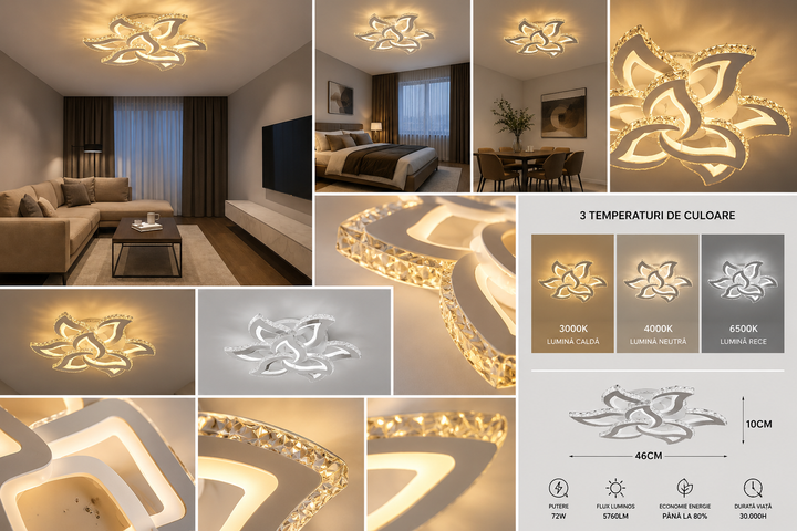 Lustra LED cu telecomanda, model 7609-6+3 – Ø710 mm, 216W + RGB,  Design cu 6 Petale