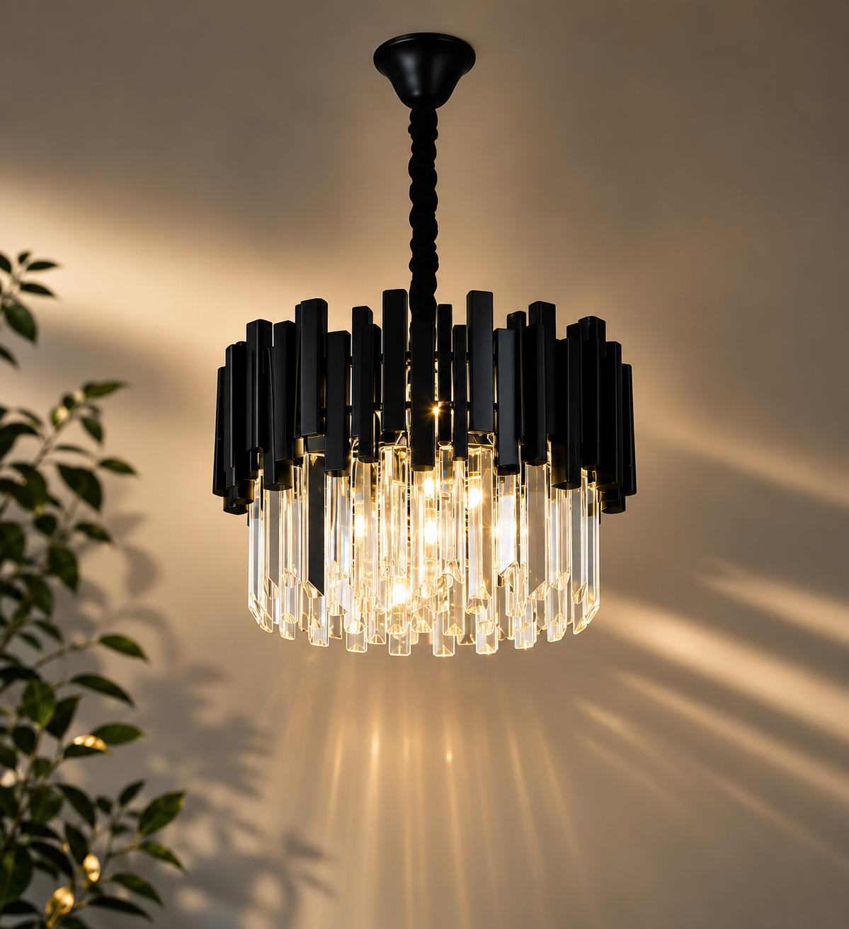 Candelabru Negru cu Cristale, 5×E27, Ø40 cm, Design Elegant și Modern