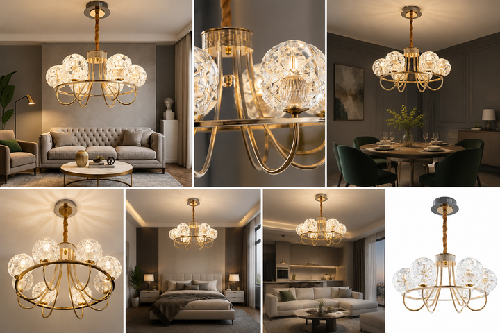 Candelabru Modern Auriu cu 6 Globuri – LED 96W, L70 cm, Stil Elegant și Luminos