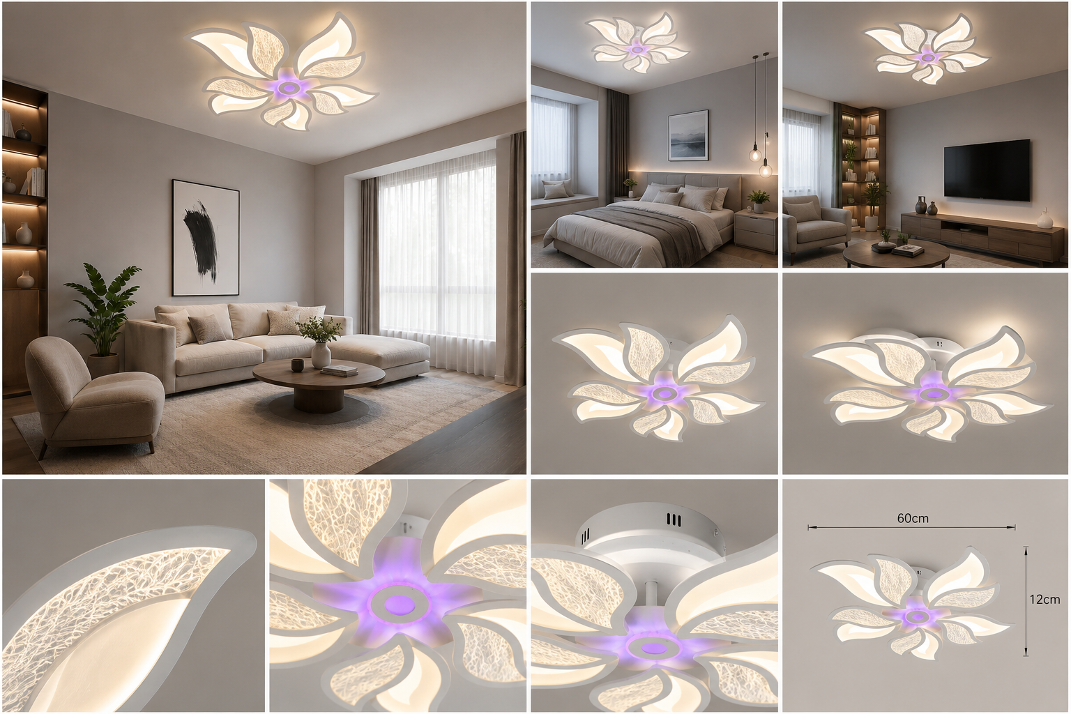 Lustra LED 238W cu telecomandă, Ø750×110 mm, lumină reglabilă 3000–6500K – model 19252/5+5+1WH