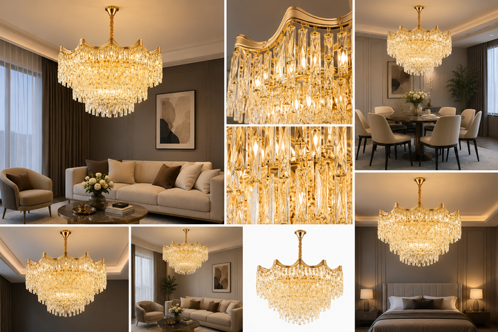Candelabru Auriu cu Cristale – 10×E27, Ø56 cm, Rafinament și Lumină Generoasă