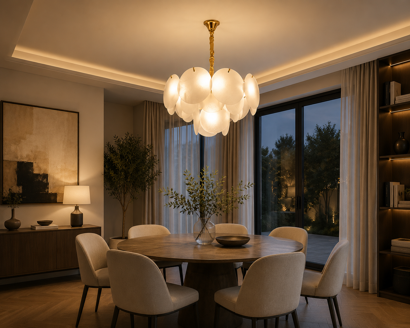 Candelabru modern cu abajururi din sticlă mata, 5 becuri E27, Ø40 cm, H25 cm, model 5867/400 TB