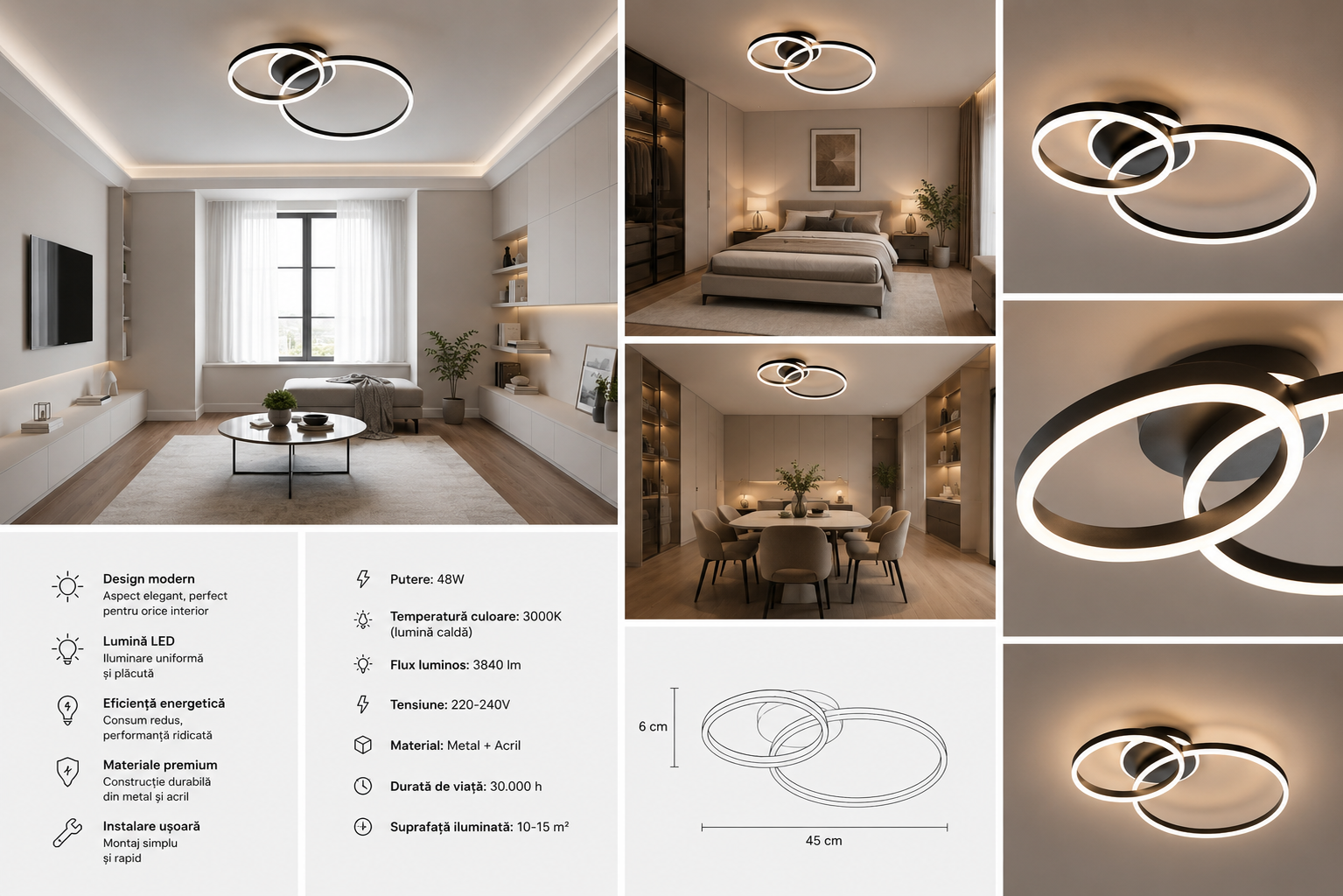 Lustră LED modernă cu inele negre, 2x61W, 715×500×105 mm, lumină reglabilă 3000K–6500K, telecomandă inclusă A10/2 500+300BK
