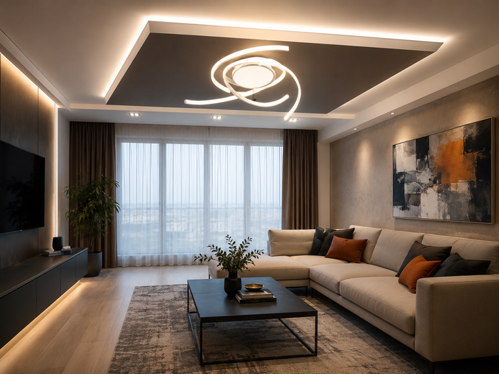Lustra LED cu design curbat modern, 90W, Ø580×H110 mm, lumina reglabila 3000K–6500K, telecomanda inclusa