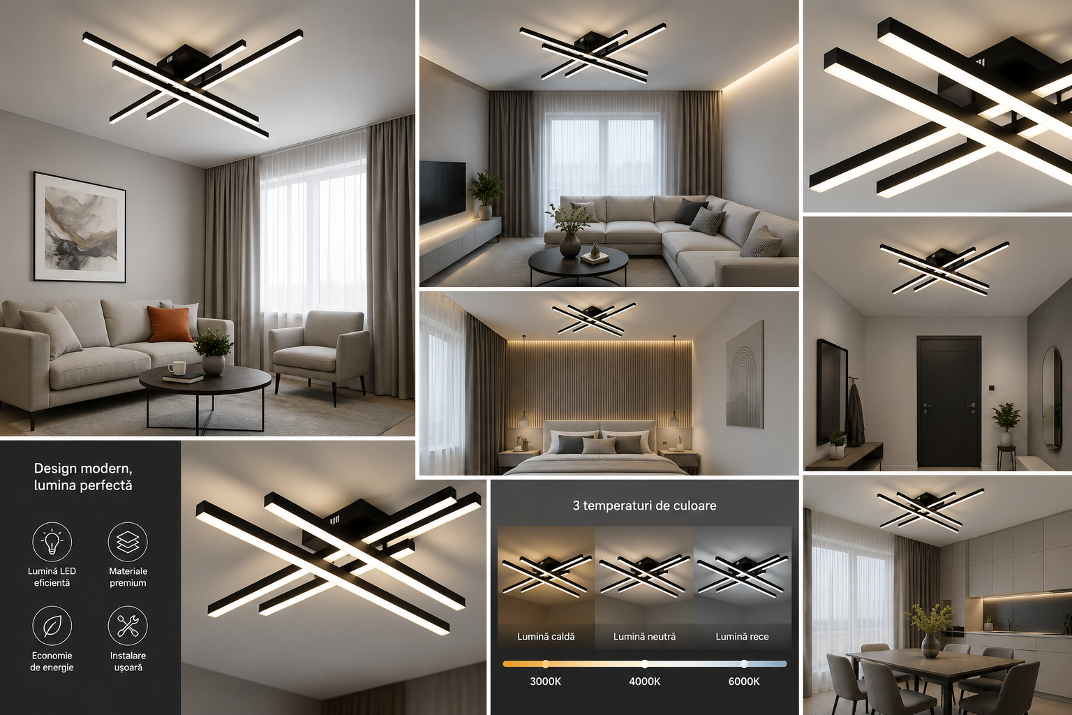 Lustră LED tavan modernă 9794/4BK, 112W, 850×850 mm, lumină reglabilă 3000–6500K, cu telecomandă