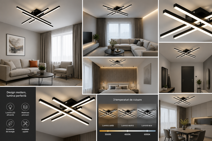 Lustră LED tavan modernă 9794/4BK, 112W, 850×850 mm, lumină reglabilă 3000–6500K, cu telecomandă
