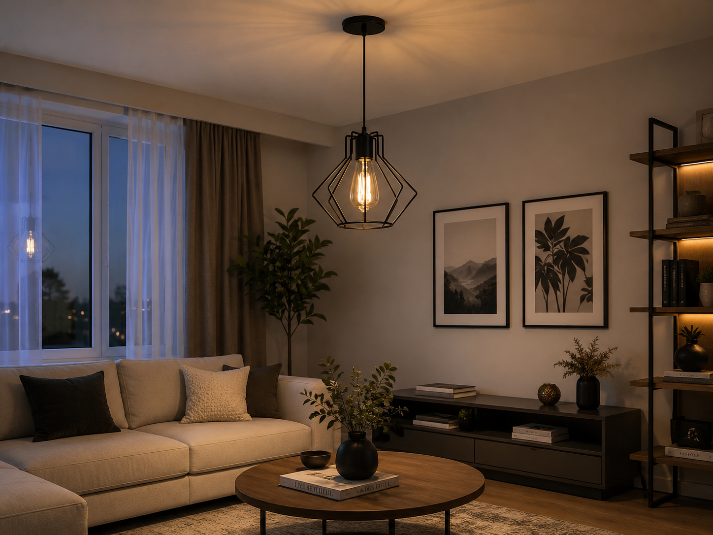 Pendul decorativ industrial, Ø200×H220 mm, 1xE27 max 60W, design geometric negru mat, fără telecomandă
