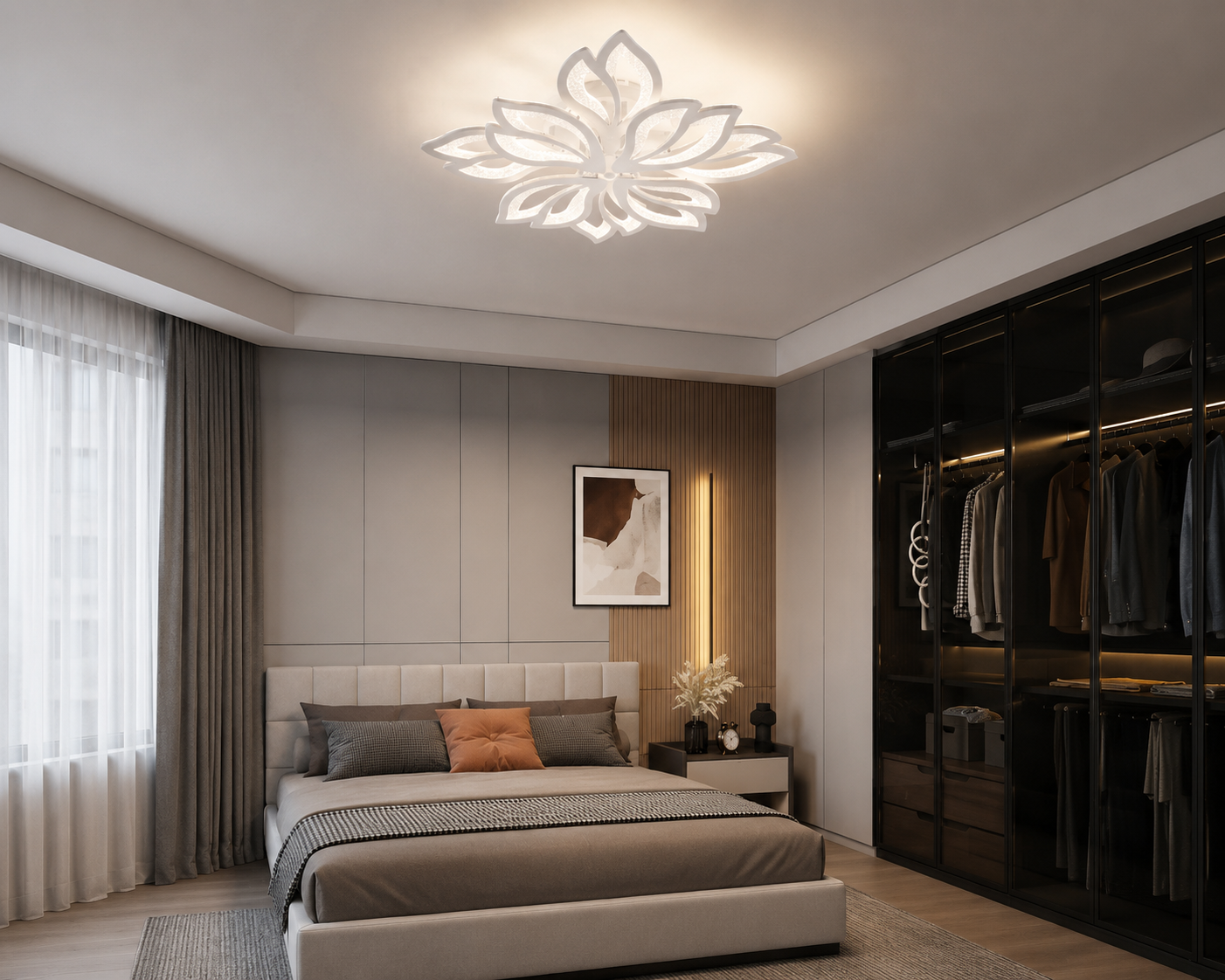 Lustră LED Florală 4+4 Brațe, 176W, Temperatură Reglabilă 3000–6500K, cu Telecomandă – Design Alb Elegant