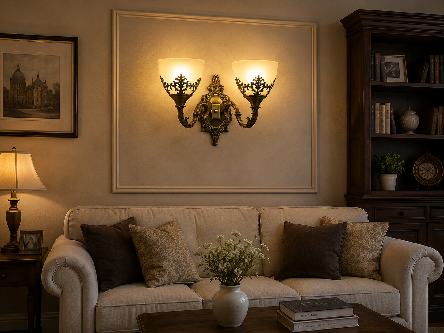 Aplica de perete dublă, stil vintage, 2 becuri E27, L420×220×230 mm, finisaj bronz antichizat (AB), design ornamental clasic