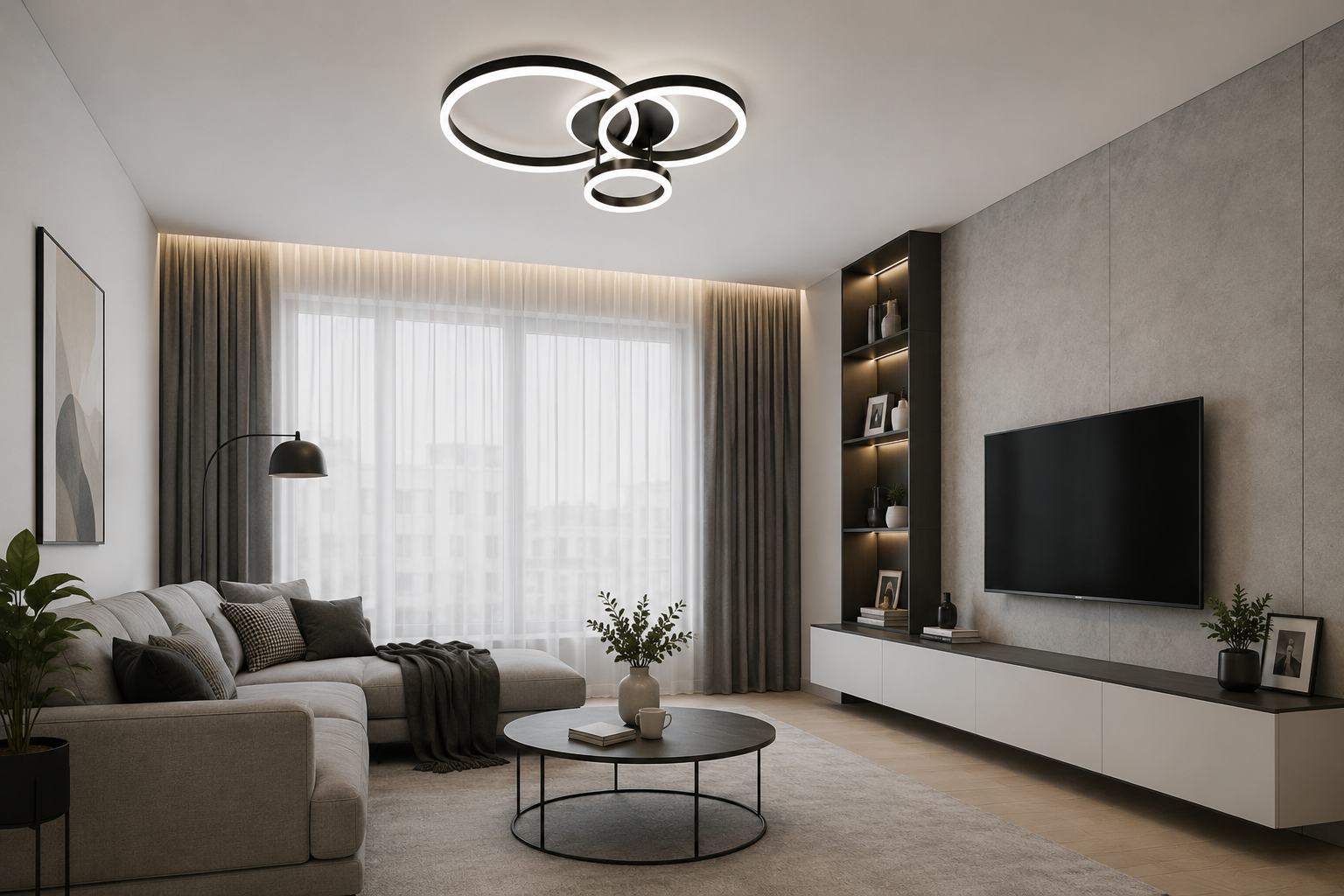 Lustra LED cu 3 cercuri, 144W, Ø630×H400 mm, lumină reglabilă 3000K–6500K, telecomandă 2.4G (NEGRU)