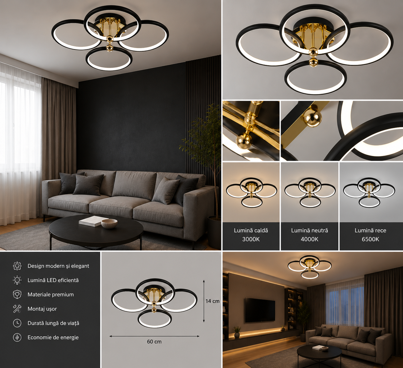 Lustra LED 104W cu telecomandă, D560×H160 mm, lumină reglabilă 3000–6500K – model 9708/4BK+FGD
