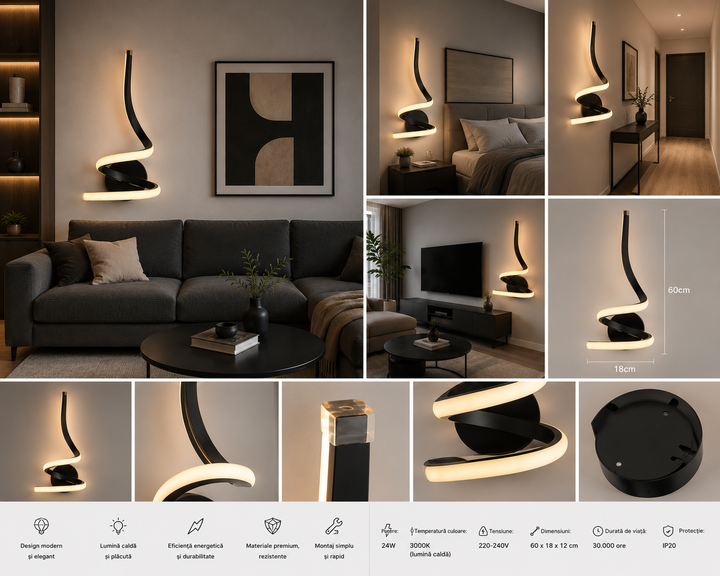 Aplica LED verticală decorativă, 17 W, Ø ≈ 190 mm, înălțime 360 mm, temperatură reglabilă 2800–6500 K – model 8786 BK