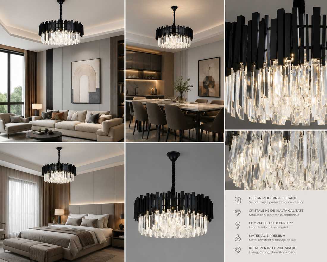 Candelabru Negru cu Cristale, 10×E27, Ø60 cm, Eleganta pentru spatii generoase