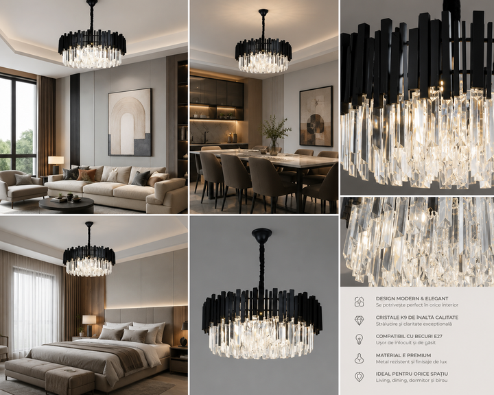 Candelabru Negru cu Cristale, 10×E27, Ø60 cm, Eleganta pentru spatii generoase
