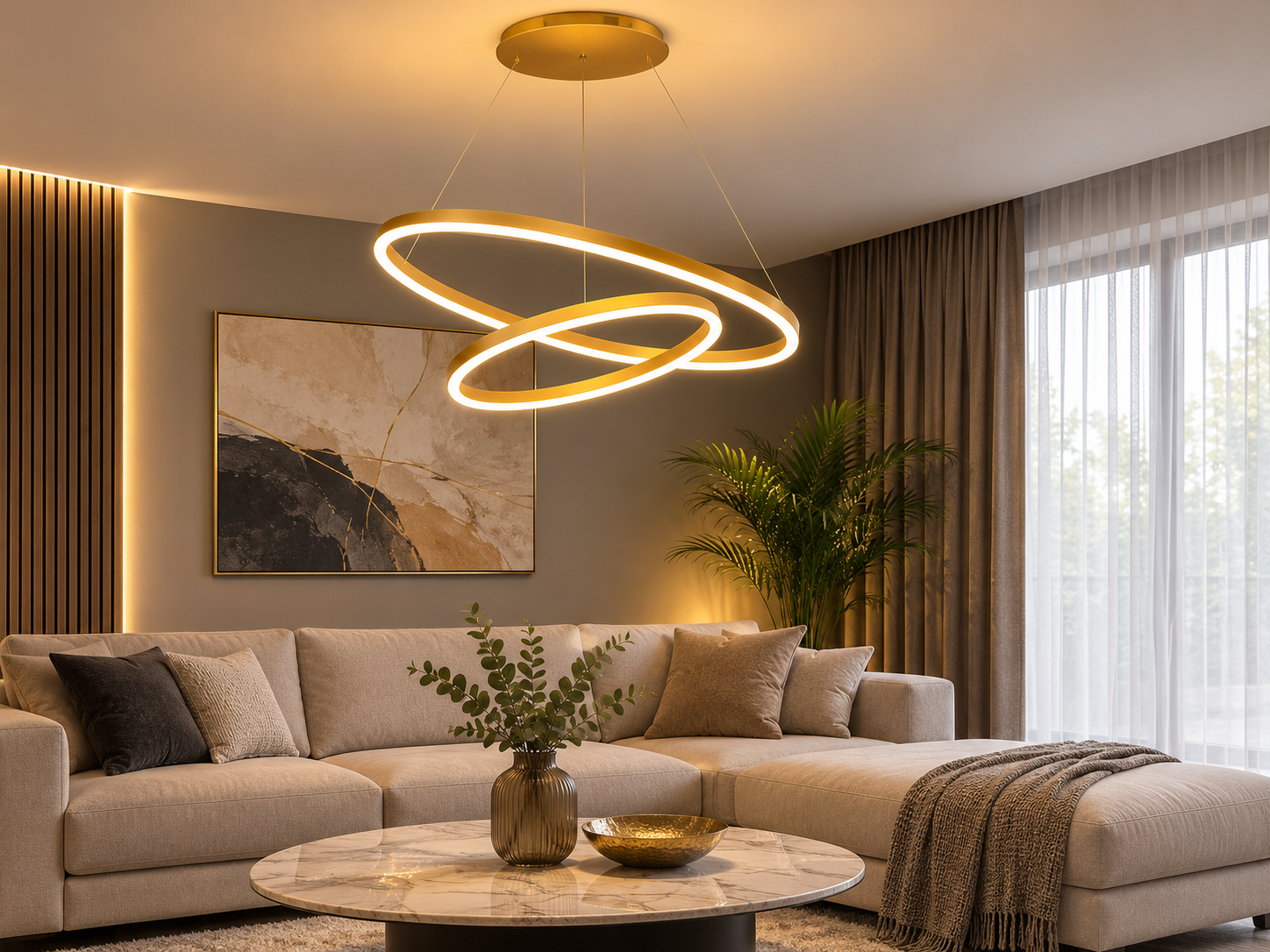 Pendul LED modern cu 2 cercuri suspendate, 140W, Ø500×H1500 mm, lumină reglabilă 3000K–6500K, telecomandă inclusă, finisaj auriu GD