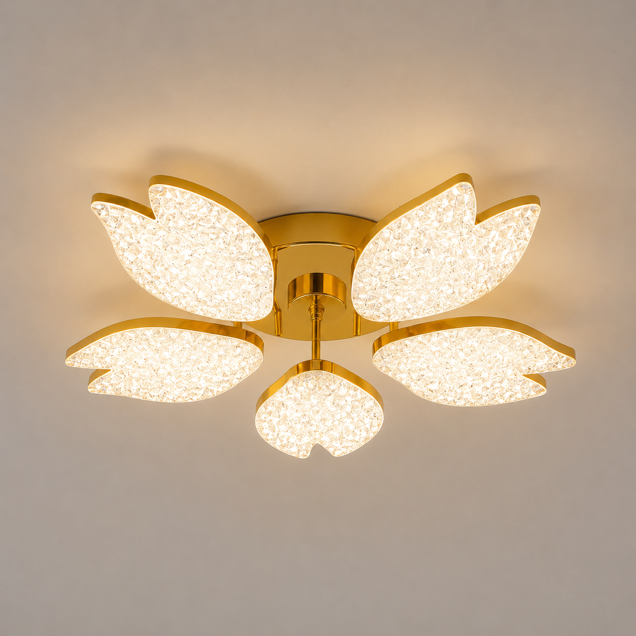 Lustra LED moderna aurie cu petale acrilice, 100W, Ø61 cm, model 9141/5 FGD, lumină 3000–6500K, telecomandă