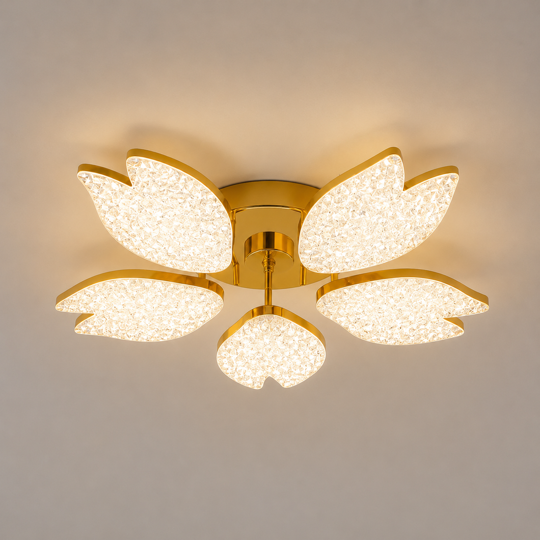 Lustra LED moderna aurie cu petale acrilice, 100W, Ø61 cm, model 9141/5 FGD, lumină 3000–6500K, telecomandă