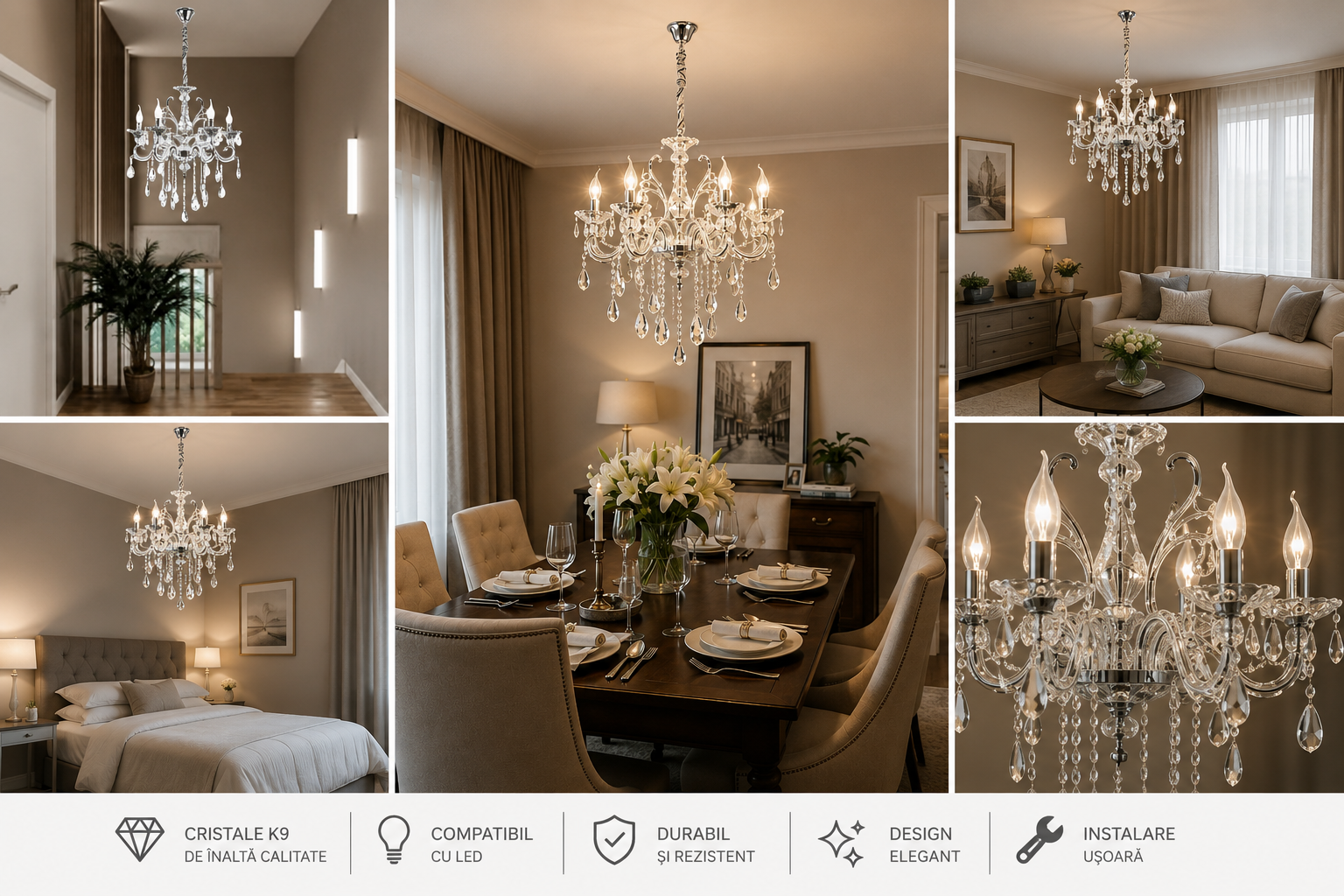 Candelabru Clasic, 6×E14, Ø62 cm, Cristale Decorative și Detalii Elegante