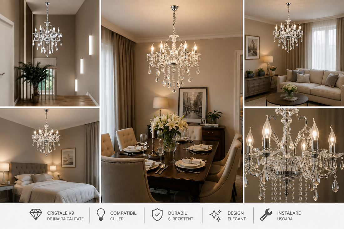Candelabru Clasic, 6×E14, Ø62 cm, Cristale Decorative și Detalii Elegante