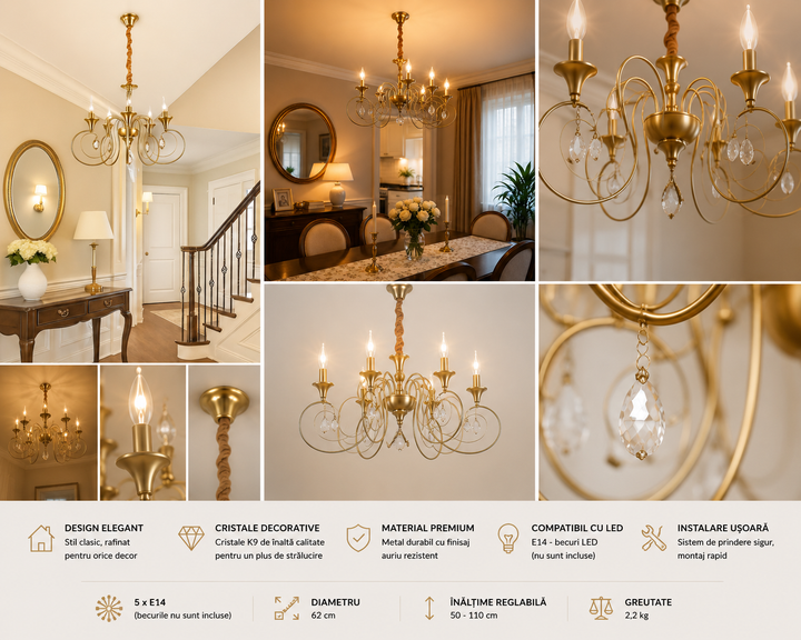 Candelabru cu 5 brațe E14, cupru antic, Ø450×H430 mm, design clasic cu cristale decorative 20317/5