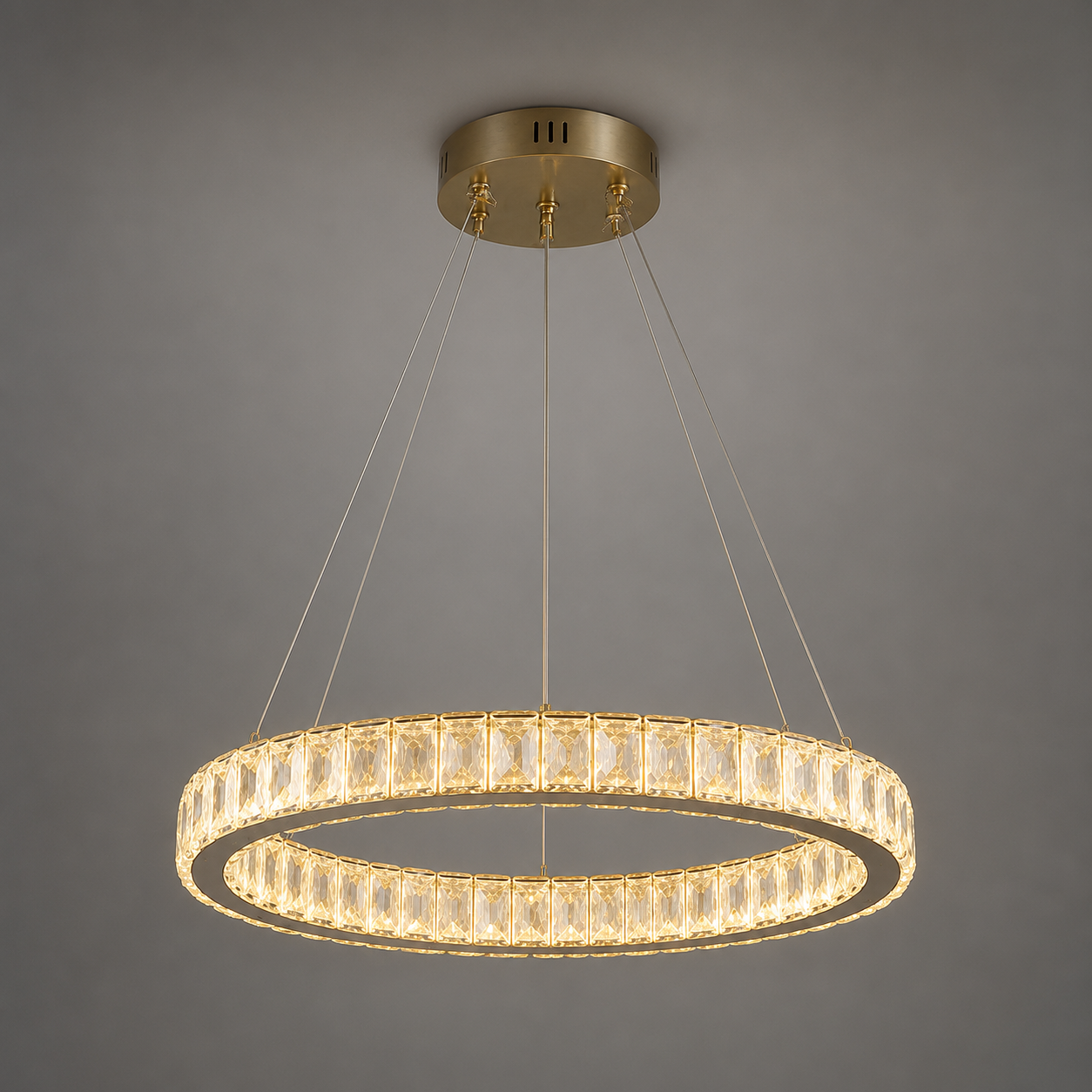 Pendul LED tip inel cu cristale, telecomandă inclusă, 56W, Ø500×H1500 mm, lumină reglabilă 3000K–6500K
