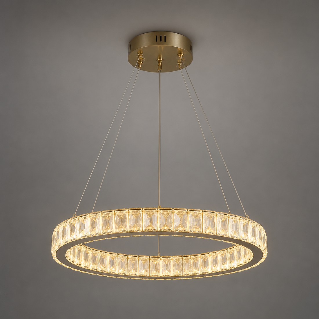 Pendul LED tip inel cu cristale, telecomandă inclusă, 56W, Ø500×H1500 mm, lumină reglabilă 3000K–6500K