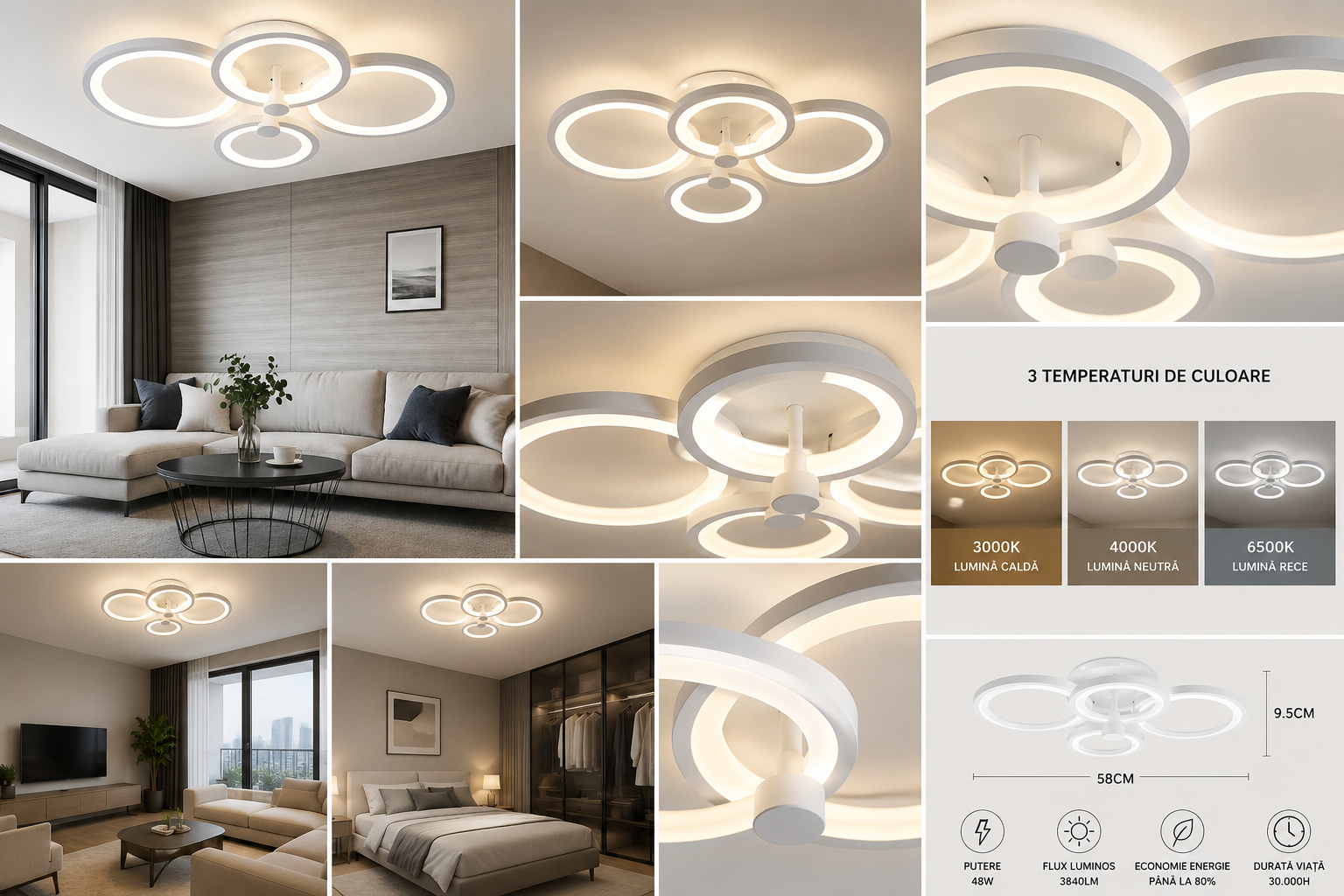 Lustra LED cu telecomanda, Albă 8067/2+2WH – Design Modern cu Inele, 108W, 3000–6500K