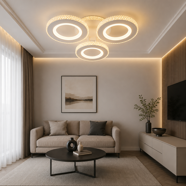 Lustra LED moderna cu cristale, 94W, 3 trepte lumină, telecomandă, Alb/Crom – Model 26032/3C