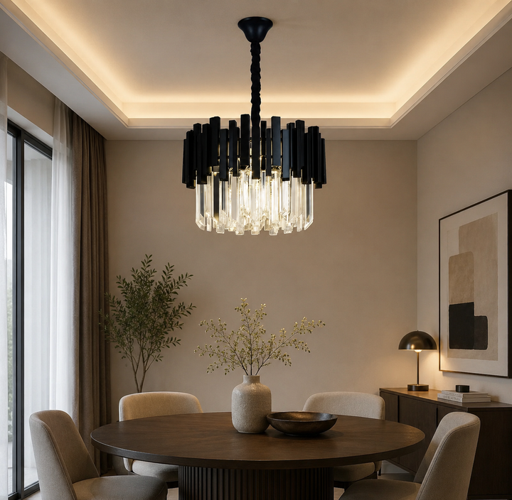 Candelabru Negru cu Cristale, 5×E27, Ø40 cm, Design Elegant și Modern