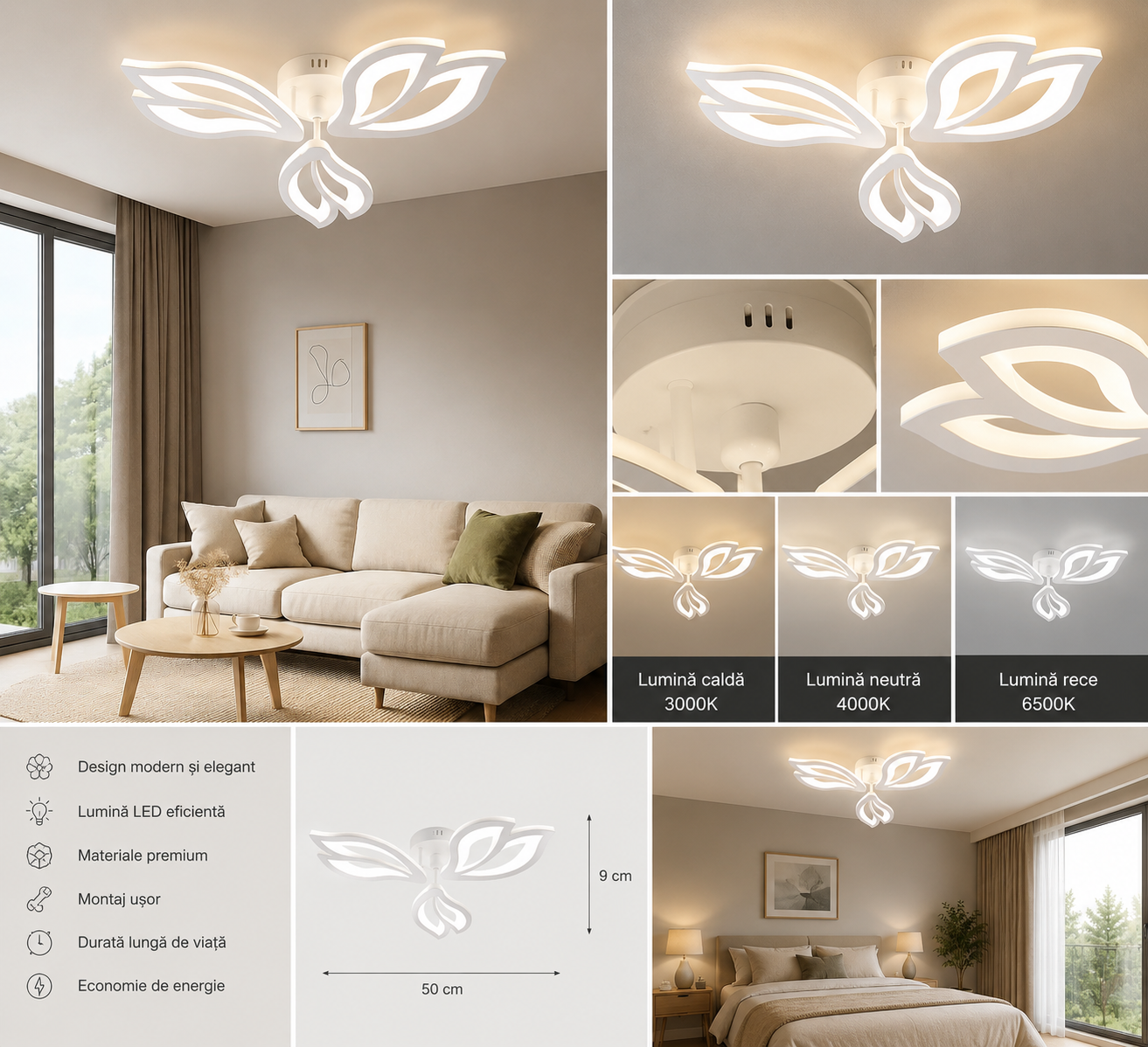Lustra LED 60W cu telecomandă, Ø535 mm, lumină reglabilă 3000–6500K – model 19250/3N WH