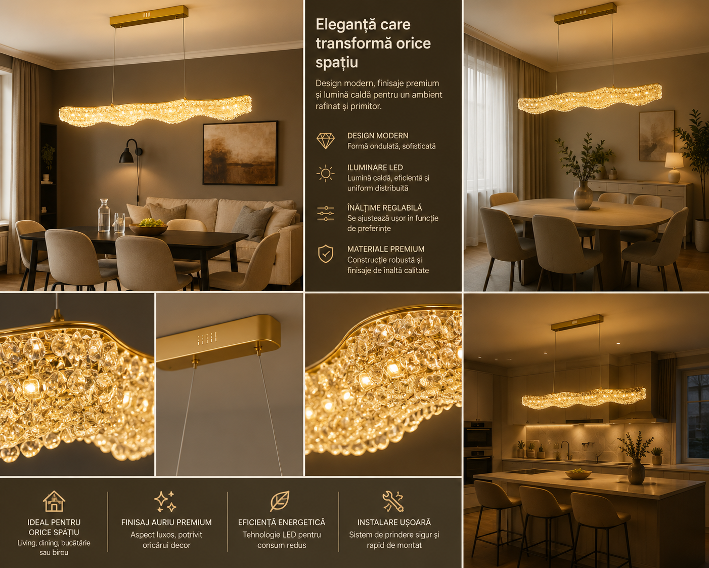 Pendul LED modern 76W, finisaj auriu, L980×W90×H140 mm – model 5558/1000 FGD