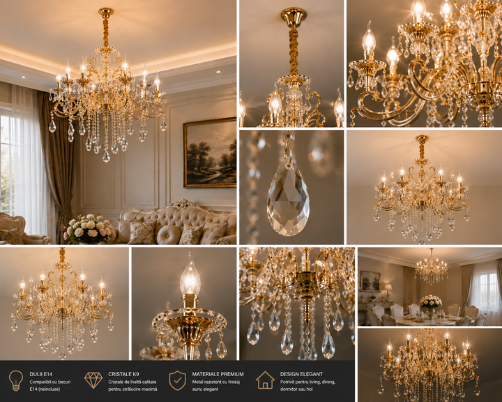 Candelabru clasic cu cristale, 6 brațe, Ø680×H940 mm, soclu E14, finisaj auriu lucios