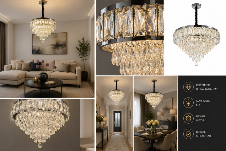 Candelabru LED cu Cristale Ø400 – 80W, cu Telecomandă | Model 2960-400
