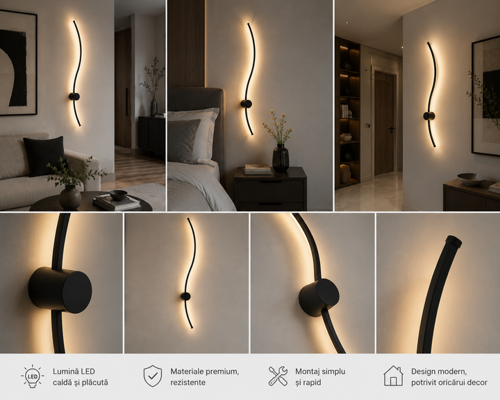 Aplica LED de perete, design ondulat, 38W total, L ≈ 1000 mm, temperatură reglabilă 3000K–6500K, negru – model 59093/1000