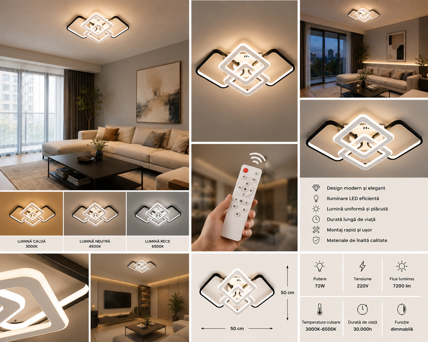 Lustră LED 67cm 164W Modernă cu 3 Tipuri de Lumină și Telecomandă Alb-Negru – Model 9011/S4+1WH+BK