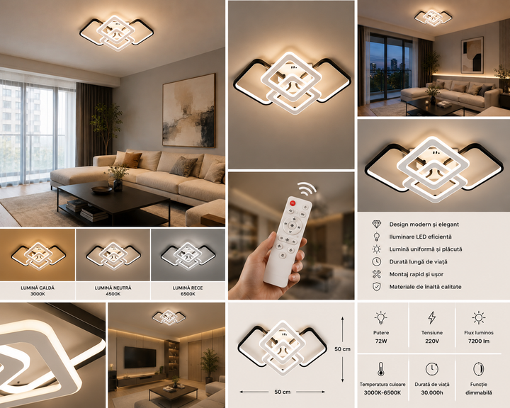 Lustră LED 67cm 164W Modernă cu 3 Tipuri de Lumină și Telecomandă Alb-Negru – Model 9011/S4+1WH+BK
