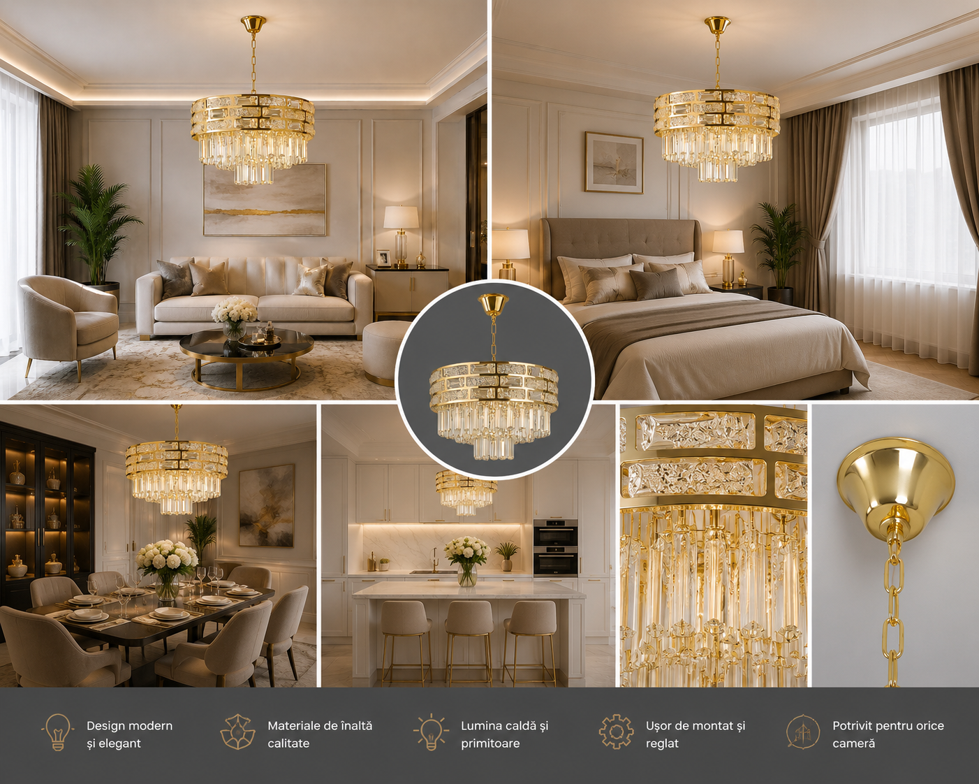 Candelabru Auriu Cristal 6 Becuri E27, Ø400 mm, Design Elegant Lux, Fara Telecomanda