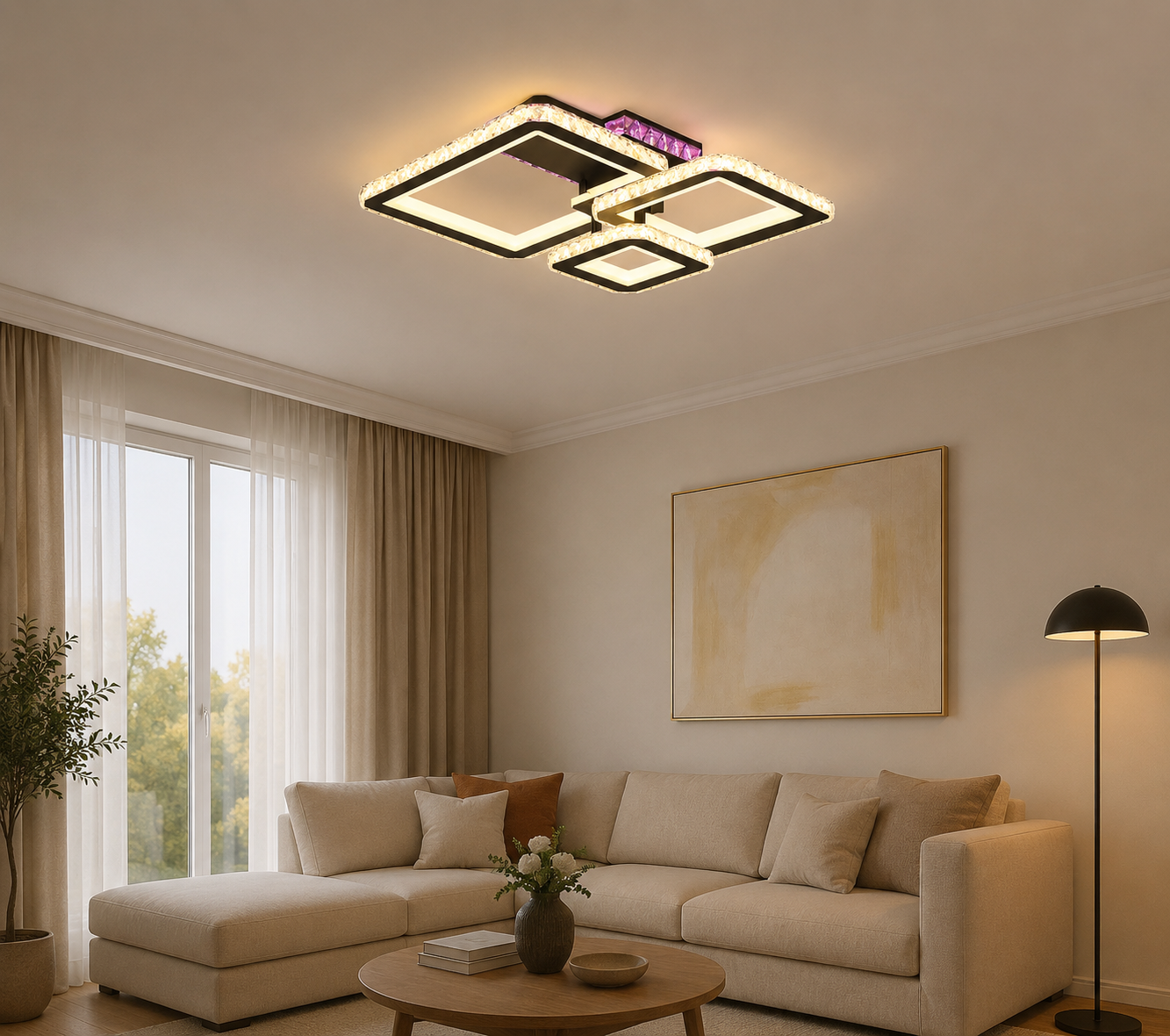 Lustra LED cu design patrat modern, finisaj negru si crom – L7965/3CZ BK+CR