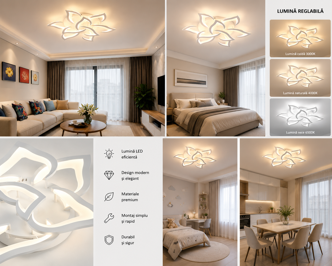 Lustra LED 126W cu telecomandă, Ø695 mm, lumină ajustabilă 3000K–6500K – model 19302/6+3N WH