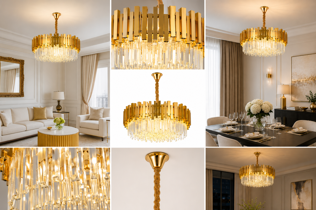 CANDELABRU AURIU CU CRISTALE, 10×E27, Ø60 CM, ELEGANTA PENTRU SPATII GENEROASE 3211/600FG