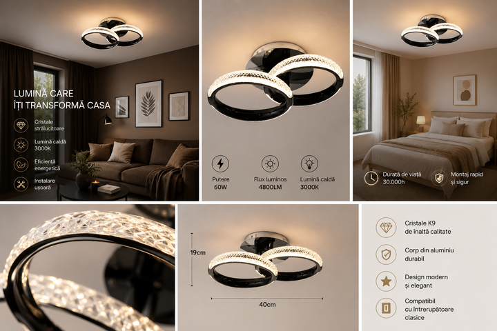 Lustra  LED moderna cu două cercuri împletite și telecomandă – 36W, lumină reglabilă 3000–6500K   P011/2