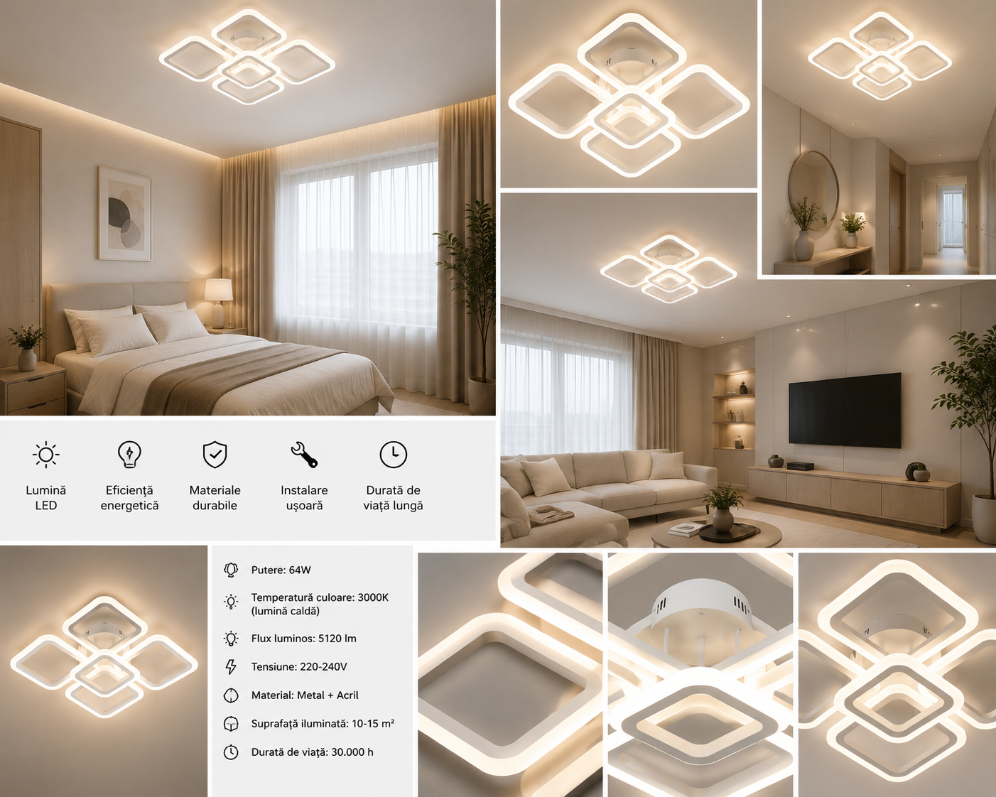 Lustra LED moderna cu telecomanda, 102W, 3000–6500K, 445×445×110 mm – model 8036/4+1WH