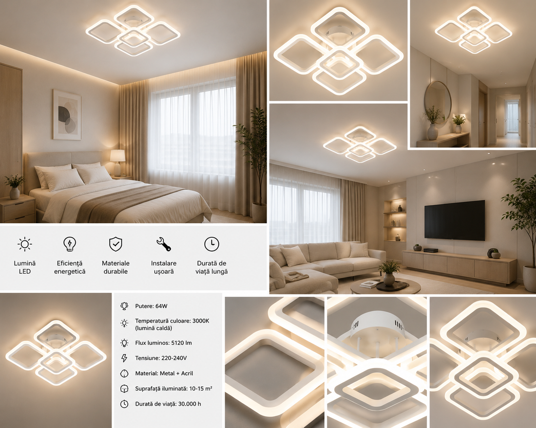 Lustra LED moderna cu telecomanda, 102W, 3000–6500K, 445×445×110 mm – model 8036/4+1WH