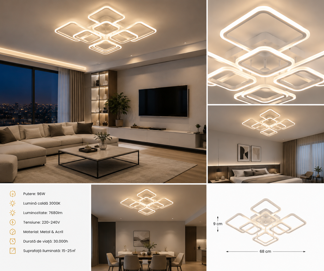 Lustra LED moderna cu telecomanda, 144W, 3000–6500K, 525×525×140 mm – model 8036/4+4WH