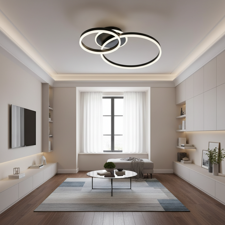 Lustră LED modernă cu inele negre, 2x61W, 715×500×105 mm, lumină reglabilă 3000K–6500K, telecomandă inclusă A10/2 500+300BK