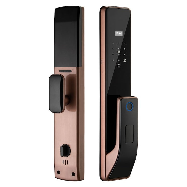 Incuietoare inteligenta – Amprenta, PIN, card și cheie mecanica, aliaj aluminiu, finisaj auriu